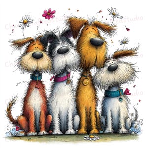 Puede incluir: Una ilustraci&oacute;n caprichosa presenta cuatro perros de dibujos animados con rostros expresivos y pelaje esponjoso en tonos naranja, blanco y marr&oacute;n. Cada perro lleva un collar, y la imagen est&aacute; adornada con flores flotantes, creando una escena alegre y juguetona.