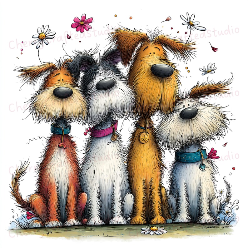 Puede incluir: Una ilustraci&oacute;n caprichosa presenta cuatro perros de dibujos animados con rostros expresivos y pelaje esponjoso en tonos naranja, blanco y marr&oacute;n. Cada perro lleva un collar, y la imagen est&aacute; adornada con flores flotantes, creando una escena alegre y juguetona.
