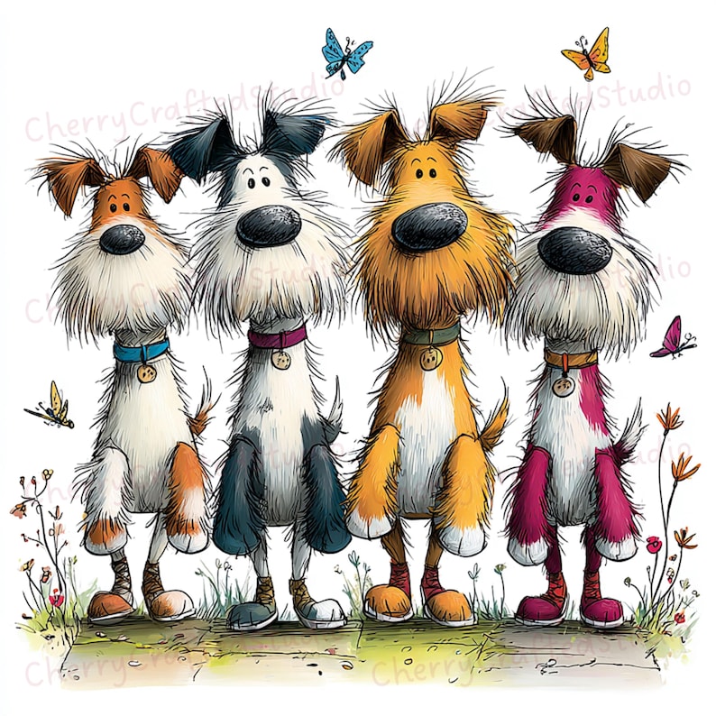 Puede incluir: Una ilustraci&oacute;n caprichosa presenta cuatro perros de dibujos animados con pelaje desgre&ntilde;ado en varios colores: naranja, negro, amarillo y rosa. Cada perro tiene un collar de diferente color y est&aacute; sobre una superficie herbosa con mariposas y flores.