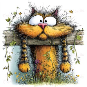 May include: A whimsical illustration of a surprised orange tabby cat with wide eyes, hanging over a wooden fence. The cat has a pink nose and is surrounded by green vines, purple and yellow flowers, and tall grass.