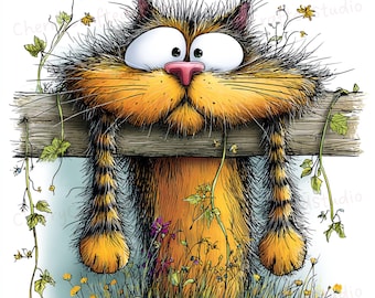 Ensemble de 29 cliparts lunatiques chats paresseux JPG, illustration aquarelle printemps loufoque, téléchargement numérique