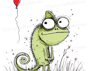 Ensemble de 29 cliparts caméléon excentrique JPG, illustration lunatique dessinée à la main, téléchargement numérique