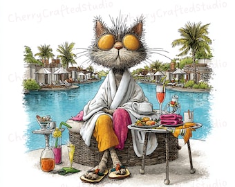 30 JPG chat lunatique aux Maldives Clipart ensemble, illustration aquarelle des Maldives confortable, téléchargement numérique