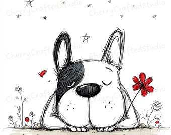 Ensemble de 35 cliparts bouledogue Français décalé JPG, illustration lunatique dessinée à la main, téléchargement numérique