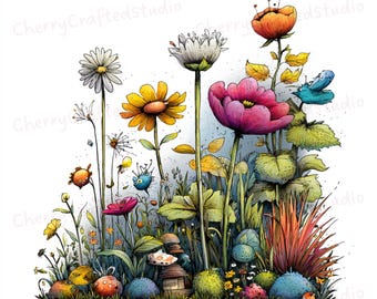 Ensemble de clipart jardin printanier fantaisiste 44 JPG, Illustration de scène de jardin floral confortable, téléchargement numérique
