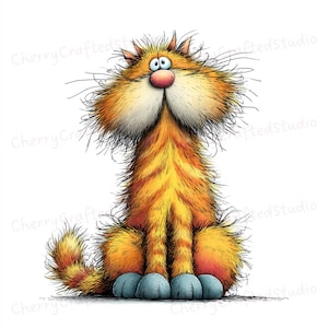 Könnte beinhalten: Eine Illustration einer orangefarbenen Katze mit überraschtem Gesichtsausdruck. Die Katze hat große, flauschige Wangen, eine rosa Nase und blaue Pfoten. Die Katze sitzt aufrecht mit zusammengelegten Pfoten und einem flauschigen Schwanz.