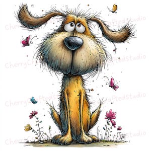Puede incluir: Una ilustraci&oacute;n de dibujos animados caprichosa de un perro con una cara grande y esponjosa y ojos tristes. El perro es de color canela y marr&oacute;n, con orejas largas y ca&iacute;das. Mariposas y flores rodean al perro, a&ntilde;adiendo un toque de fantas&iacute;a. La imagen tiene un estilo dibujado a mano.