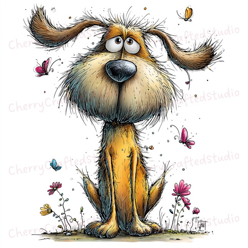 Puede incluir: Una ilustraci&oacute;n de dibujos animados caprichosa de un perro con una cara grande y esponjosa y ojos tristes. El perro es de color canela y marr&oacute;n, con orejas largas y ca&iacute;das. Mariposas y flores rodean al perro, a&ntilde;adiendo un toque de fantas&iacute;a. La imagen tiene un estilo dibujado a mano.