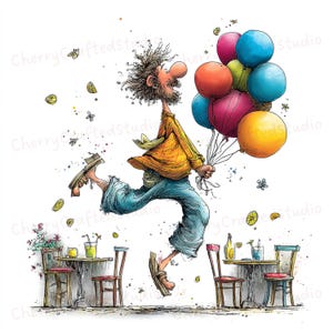 Könnte beinhalten: Eine skurrile Illustration eines Mannes, der rennt und einen Haufen bunter Luftballons hält. Er trägt ein orangefarbenes Hemd, blaue Hosen und Sandalen. Der Hintergrund zeigt Cafétische und -stühle mit Zitronenscheiben und Schmetterlingen.