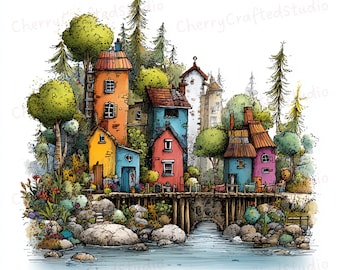 Ensemble de 44 cliparts lunatique village forestier JPG, Illustration de scène nature Cottagecore confortable, téléchargement numérique