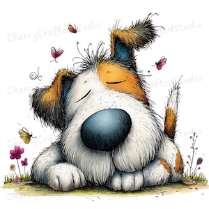 Puede incluir: Ilustraci&oacute;n caprichosa de un perro con los ojos cerrados, con una gran nariz azul, pelaje blanco y marcas marrones y naranjas. El perro est&aacute; rodeado de mariposas y flores, con el texto "CherryCraftedStudio" en las esquinas.