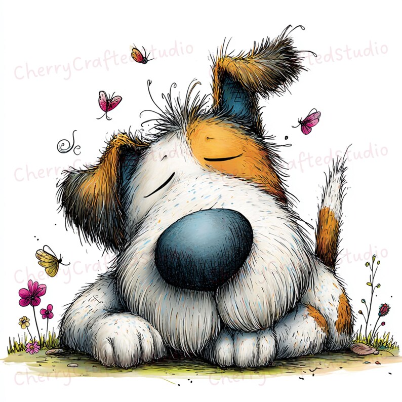 Puede incluir: Ilustraci&oacute;n caprichosa de un perro con los ojos cerrados, con una gran nariz azul, pelaje blanco y marcas marrones y naranjas. El perro est&aacute; rodeado de mariposas y flores, con el texto "CherryCraftedStudio" en las esquinas.