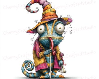 Ensemble de cliparts caméléon paresseux lunatique 37 JPG, illustration aquarelle magique loufoque, téléchargement numérique