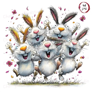 46 Quirky Lazy Rabbit Clipart JPG Set, Whimsical Spring & Summer Watercolor Illustration, Digital Download