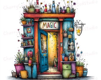 43 JPG Whimsical Magic Shop Clipart Set, Cozy Fantasy Magic Scene Illustration, Digital Download