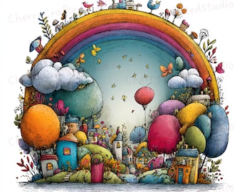 Ensemble de cliparts lunatique Dream World 42 JPG, Illustration de scène fantastique confortable, téléchargement numérique