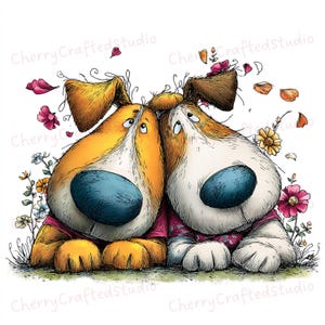 Puede incluir: Ilustraci&oacute;n de dos perros de dibujos animados con pelaje naranja y blanco, que llevan camisas rosas y narices azules. Est&aacute;n rodeados de flores y hojas, con el texto "Cherry Crafted Studio" repetido alrededor de la imagen.