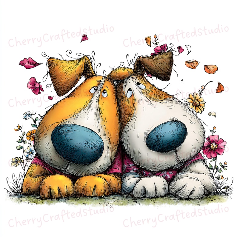 Puede incluir: Ilustraci&oacute;n de dos perros de dibujos animados con pelaje naranja y blanco, que llevan camisas rosas y narices azules. Est&aacute;n rodeados de flores y hojas, con el texto "Cherry Crafted Studio" repetido alrededor de la imagen.