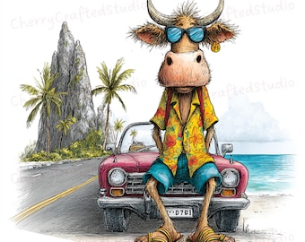 Ensemble de 39 cliparts vache lunatique JPG à Hawaï, Illustration aquarelle hawaïenne confortable, téléchargement numérique