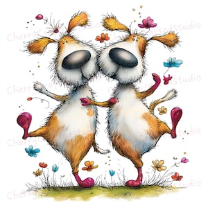 Puede incluir: Una ilustraci&oacute;n caprichosa presenta dos perros de dibujos animados con pelaje naranja y blanco, bailando sobre sus patas traseras. Llevan zapatos rosas y est&aacute;n rodeados de flores coloridas sobre un parche de hierba. Los perros tienen grandes narices y ojos expresivos.