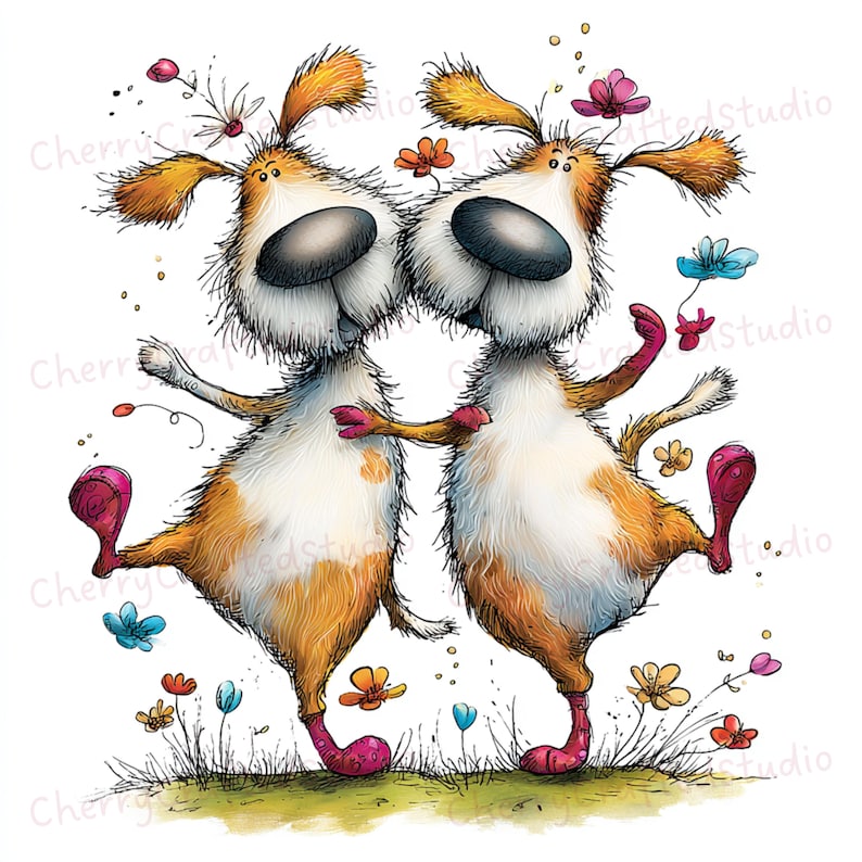 Puede incluir: Una ilustraci&oacute;n caprichosa presenta dos perros de dibujos animados con pelaje naranja y blanco, bailando sobre sus patas traseras. Llevan zapatos rosas y est&aacute;n rodeados de flores coloridas sobre un parche de hierba. Los perros tienen grandes narices y ojos expresivos.