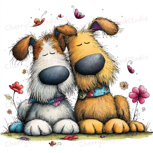 Puede incluir: Una ilustraci&oacute;n caprichosa de dos perros de dibujos animados, uno blanco y marr&oacute;n, el otro dorado, abrazados. Llevan collares azules y est&aacute;n rodeados de flores y mariposas. La obra de arte tiene un estilo dibujado a mano con colores suaves y un ambiente alegre.