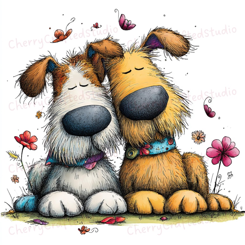 Puede incluir: Una ilustraci&oacute;n caprichosa de dos perros de dibujos animados, uno blanco y marr&oacute;n, el otro dorado, abrazados. Llevan collares azules y est&aacute;n rodeados de flores y mariposas. La obra de arte tiene un estilo dibujado a mano con colores suaves y un ambiente alegre.