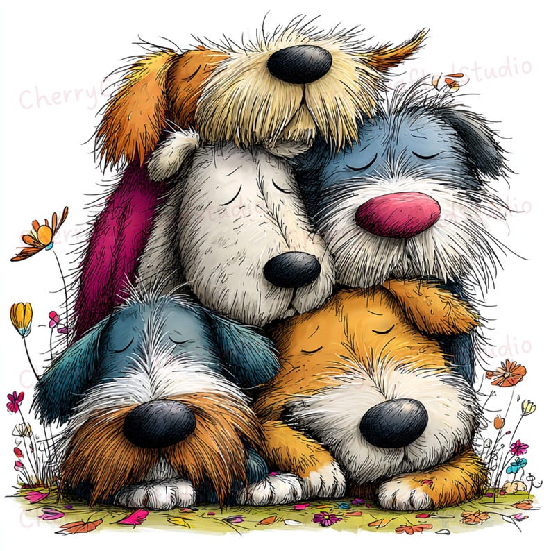 Puede incluir: Una conmovedora ilustraci&oacute;n de cinco perros durmiendo acurrucados. Los perros tienen varios colores de pelaje, incluyendo marr&oacute;n, blanco, azul y naranja, con los ojos cerrados y narices negras. Est&aacute;n rodeados de flores coloridas y hierba.