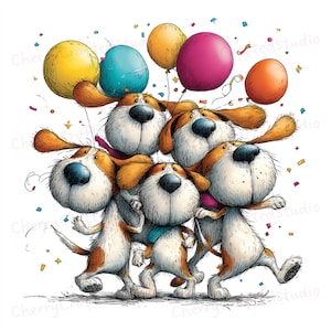 Pode incluir: Uma ilustração fantasiosa de seis cães de desenho animado, cada um com pelo castanho e branco, segurando balões coloridos. Os cães estão celebrando, cercados por confetes, com uma atmosfera alegre e divertida. Os balões são amarelos, turquesa, laranja e rosa.