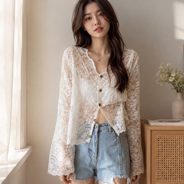 White Floral Lace Cardigan: Sheer Button Front Summer Cover Up