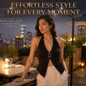 Op de afbeelding: Een zwarte haltertop met een zilverkleurige gesp op het midden van de borst, gecombineerd met een witte broek. De tekst op de afbeelding luidt: EFFORTLESS STYLE FOR EVERY MOMENT, FROM CASUAL DAYS TO NIGHT OUTS.