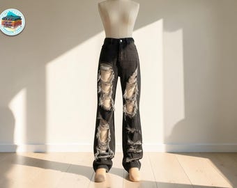 Women Ripped Wide Leg Jeans | High Waist Black Denim | Casual Streetwear Fashion Outfit | Retro Grunge Style Look | Loose Fit Baggy Pants