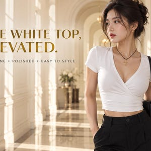 Op de afbeelding: Een wit wikkelshirt met korte mouwen, een diepe V-hals en een korte zoom, gecombineerd met een zwarte broek en een zwarte schoudertas. De tekst luidt: THE WHITE TOP, ELEVATED. FEMININE • POLISHED • EASY TO STYLE.