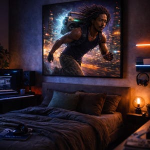 Può includere: Scena di camera da letto con una grande opera d'arte incorniciata di un uomo che corre con un boombox. La stanza ha un letto con biancheria da letto scura, una scrivania con una lampada e un'impostazione di produzione musicale. L'illuminazione è cupa con accenti al neon.