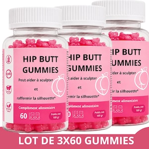 Pode incluir: Três frascos de plástico transparente cheios de gomas cor-de-rosa em forma de urso. Cada frasco tem uma tampa branca e um rótulo cor-de-rosa com o texto "HIP BUTT GUMMIES", "Peut aider à sculpter et raffermir la silhouette*", "60" e "Poids net 180 gr."