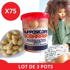 Può includere: Un contenitore di supposte con la scritta "SUPPOSITOIRE BOBARABA" e "LOT DE 3 POTS". L'immagine mostra anche una ciotola di supposte e una donna sullo sfondo.