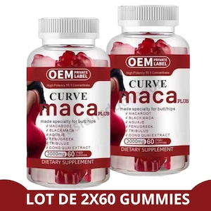 Può includere: Due bottiglie di integratori alimentari in gommine. Ogni bottiglia ha un'etichetta rossa con il testo "CURVE maca PLUS" e "made specialty for butt/hips". Le bottiglie sono piene di gommine rosse e hanno tappi bianchi. Il testo "LOT DE 2X60 GUMMIES" è in basso.