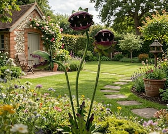 Ręcznie robiony palik do ogrodu z roślinami mięsożernymi, fantazyjna metalowa dekoracja ogrodu, gotycka dekoracja ogrodu, rzeźba zewnętrzna, dekoracja ogrodu na Halloween