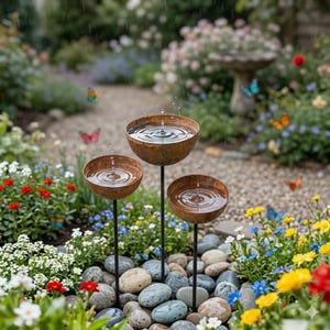Può includere: Tre abbeveratoi in metallo arrugginito con goccioline d'acqua, ambientati in un giardino con fiori colorati e farfalle. Gli abbeveratoi sono su steli neri, circondati da ciottoli e fiori vibranti.