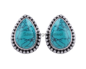 Blue Turquoise Stud Earrings: 925 Sterling Silver 7X9 mm Pear Gemstone Earrings Handmade Jewelry