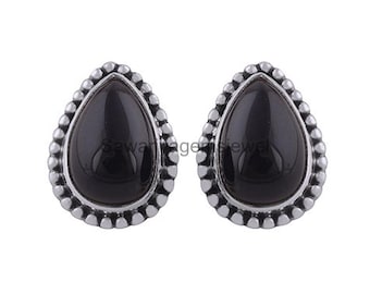 Genuine Black Onyx Stud Earrings: 925 Sterling Silver 7X9 mm Pear Gemstone Earrings Handmade Jewelry