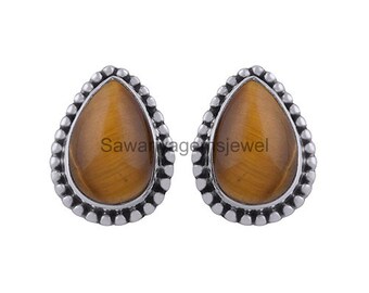 Genuine Tiger Eye Stud Earrings: 925 Sterling Silver 7X9 mm Pear Gemstone Earrings Handmade Jewelry