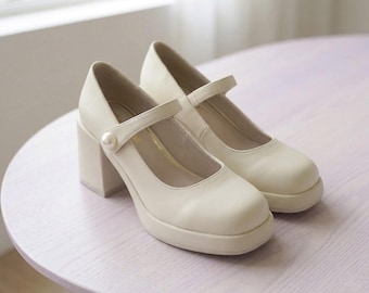 7cm High Heel Pearl Mary Jane Shoes French Vintage Cream Platform Pumps Square Toe Balletcore Coquette Bridal Wedding Heels Office Shoes