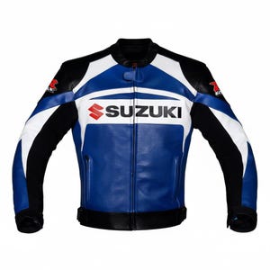 May include: A blue, white, and black leather motorcycle jacket with the "SUZUKI" logo across the chest. The jacket has a stand-up collar, a front zipper, and black accents on the sleeves and shoulders. The Suzuki logo is red and white.