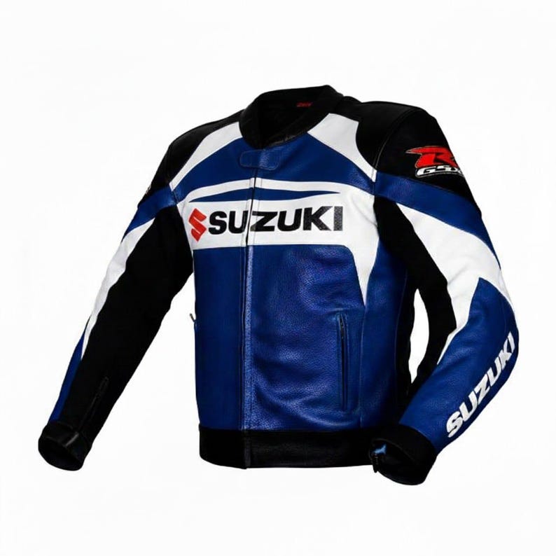 May include: A blue, white, and black Suzuki motorcycle jacket. The jacket features the Suzuki logo across the chest and on the sleeve. The jacket has a stand-up collar and a zippered front.