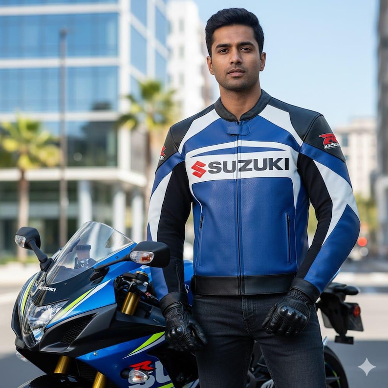 May include: A blue and black leather motorcycle jacket with the Suzuki logo in white. The jacket has white and black accents on the sleeves and shoulders. The person is wearing black gloves and black jeans. A blue and black motorcycle is in the foreground.