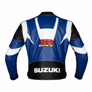 May include: Blue, white, and black leather motorcycle jacket with the text "SUZUKI" across the lower back. The jacket features the "GSX" logo in red and white on the upper back.