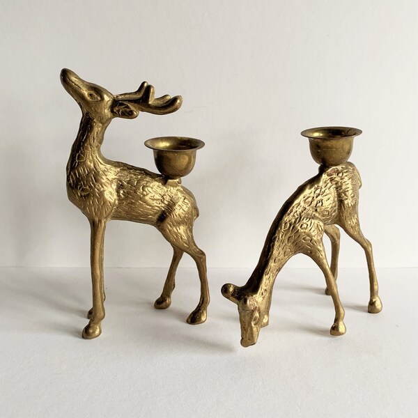 Vintage pair / set of two 2 brass deer candle holders - holiday Christmas cabin home decor