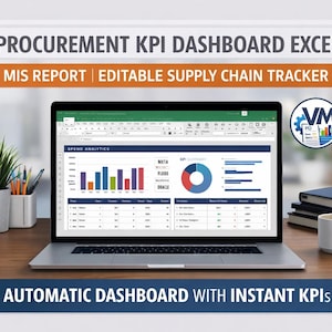 以下が含まれることがあります： KPIデータが表示されたExcelダッシュボードを映すノートパソコン。画面には「Procurement KPI Dashboard Excel」、「MIS Report」、「Automatic Dashboard with Instant KPIs」の文字とグラフや表が表示されています。机の上には植物、ペン、マグカップがあります。