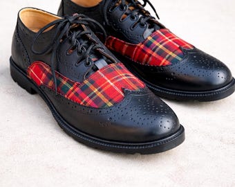 Handmade Men’s Brogue Real Black Leather Traditional Shoes  |Scottish Tartan kilt Shoes |Kilt Brogues Available in 50+ Tartans